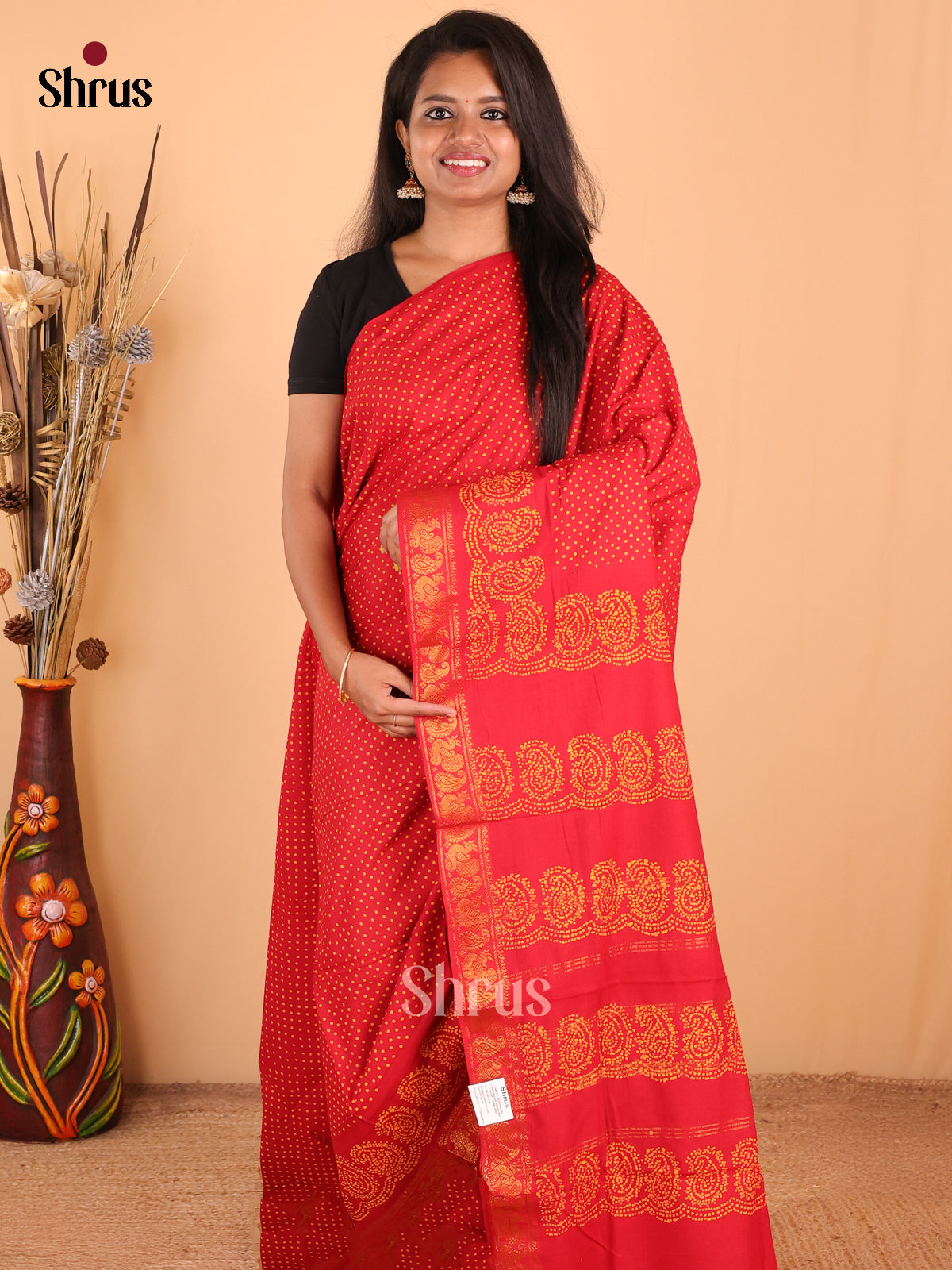 Red - DDS15343 - Sungudi Cotton Saree - Shop on Shrus.com