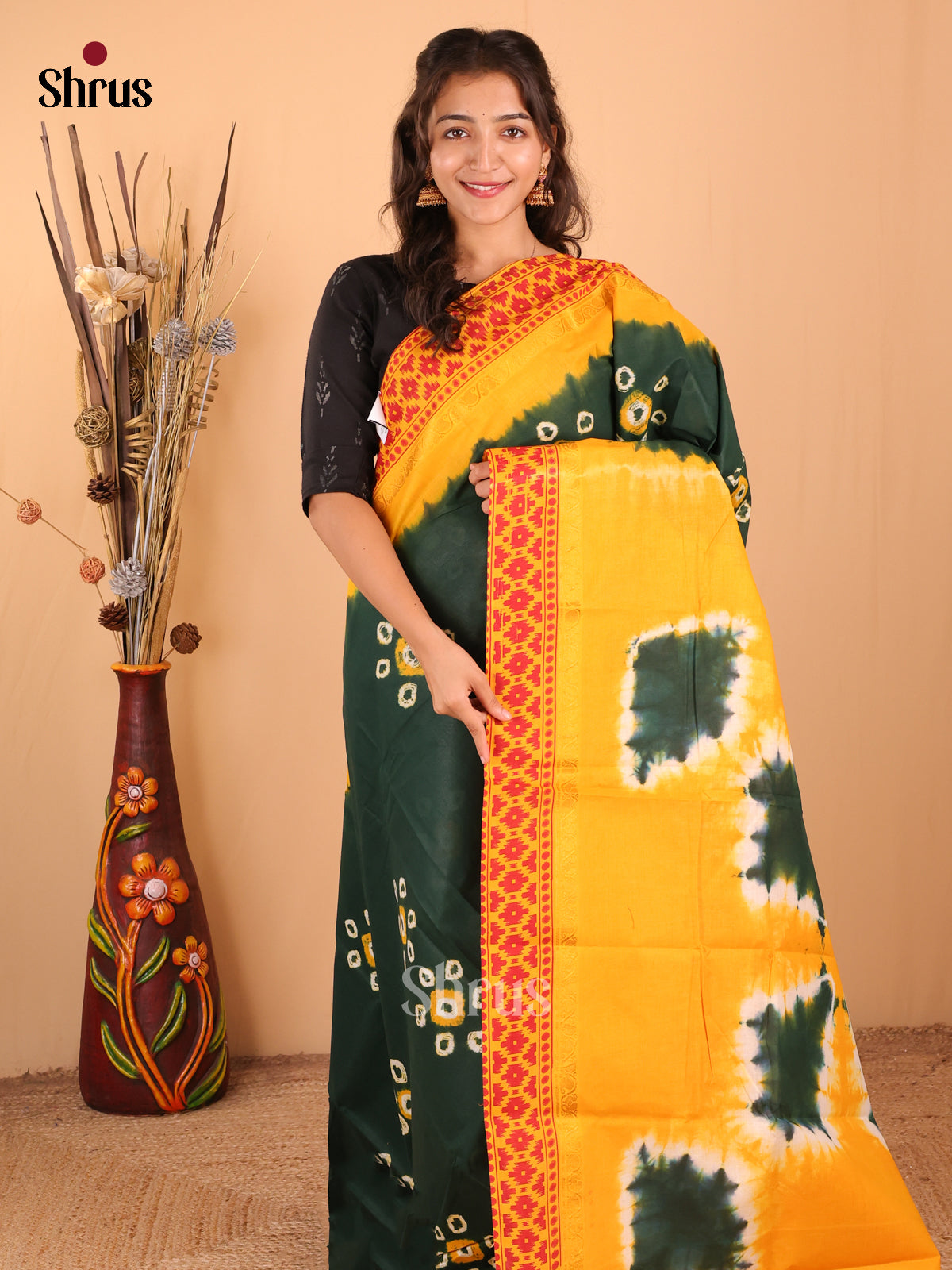 Green with Mustard - DDS15353 - Sungudi Cotton Saree - Shop on Shrus.com