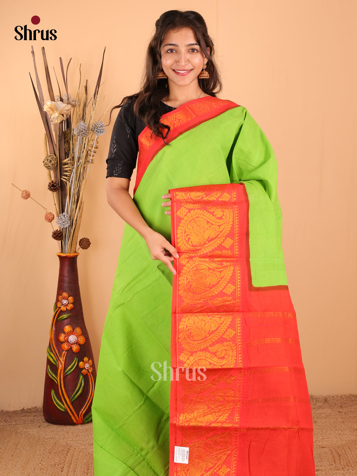 Lite Green with Orange - DDS15357 - Sungudi Cotton Saree - Shop on Shrus.com