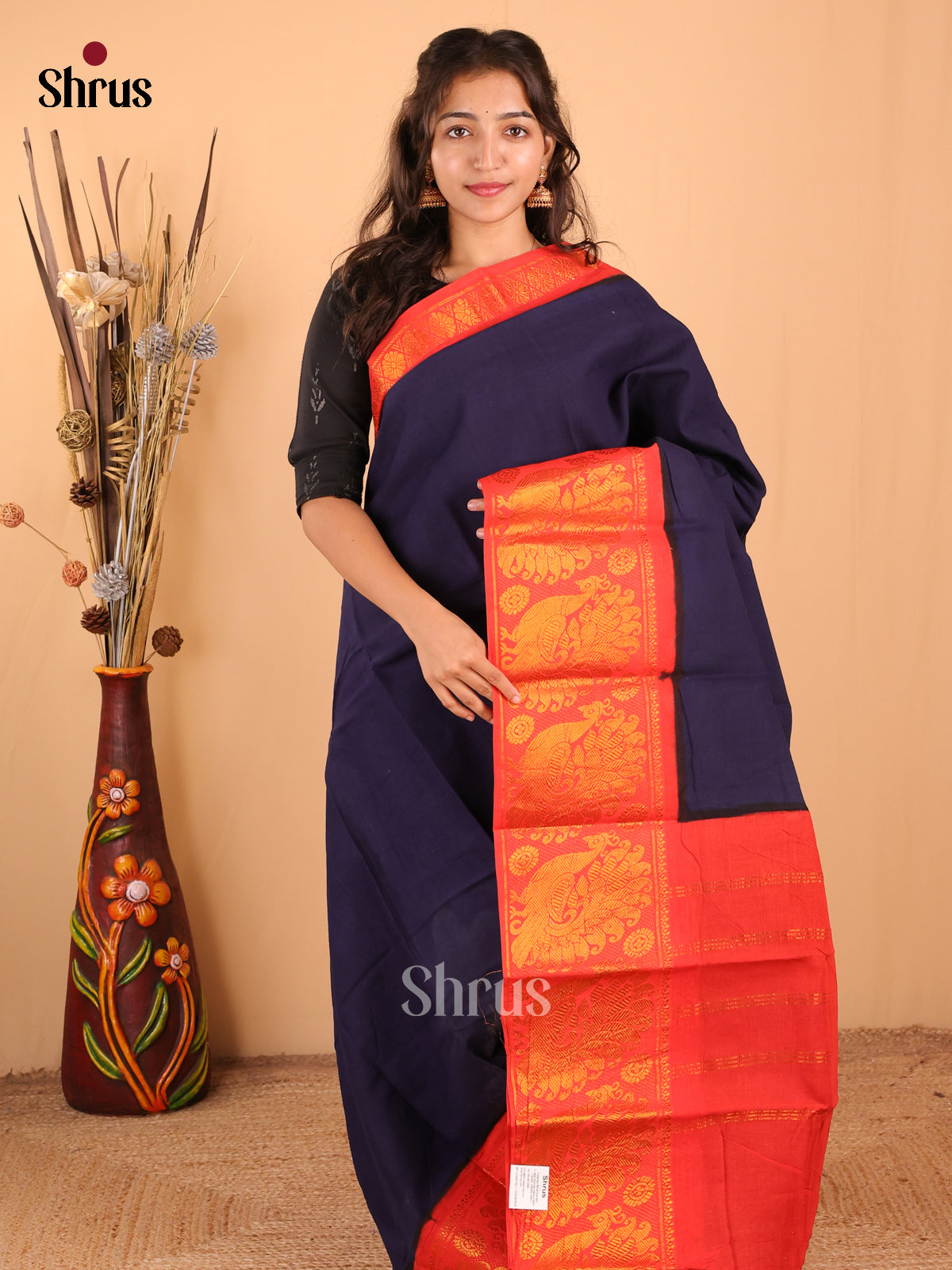 Blue with Orange - DDS15359 - Sungudi Cotton Saree - Shop on Shrus.com