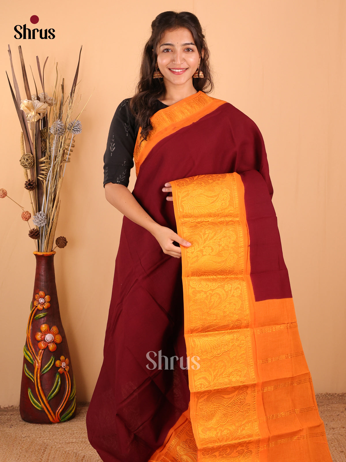 Maroon with Orange - DDS15361 - Sungudi Cotton Saree - Shop on Shrus.com