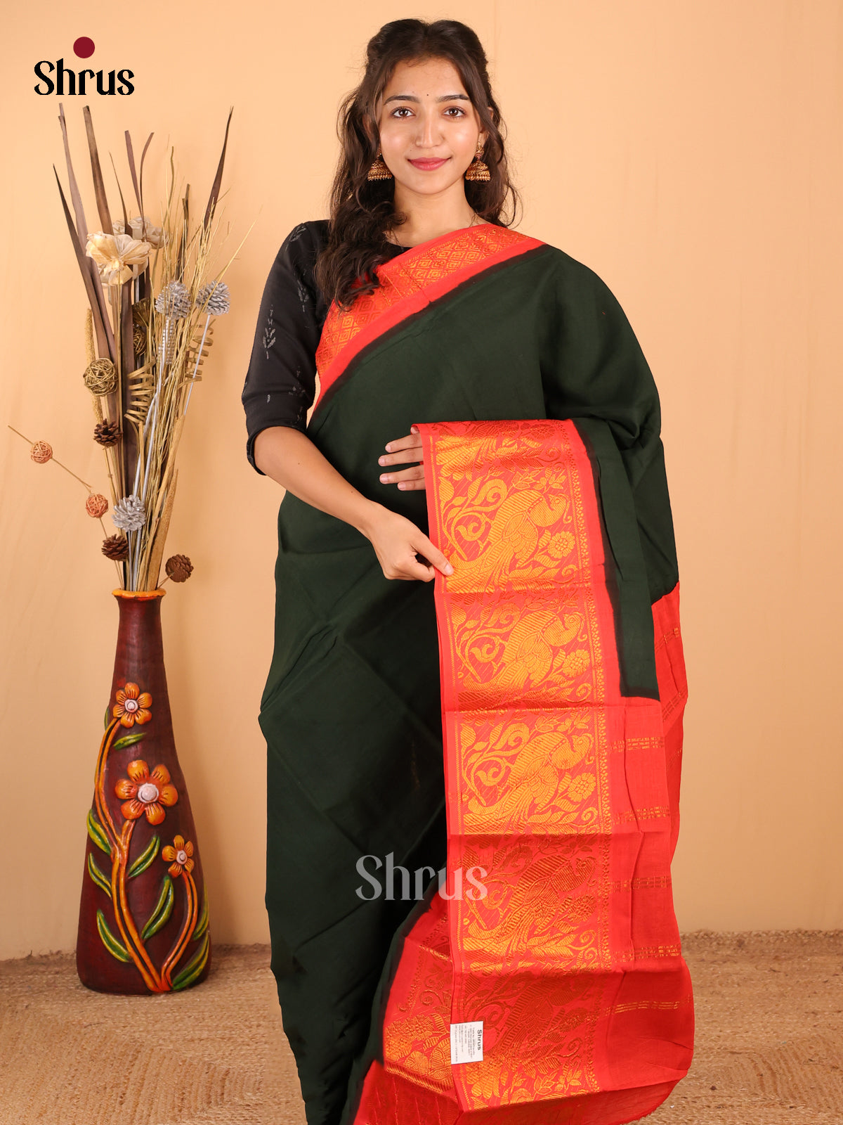 Green with Orange - DDS15362 - Sungudi Cotton Saree - Shop on Shrus.com