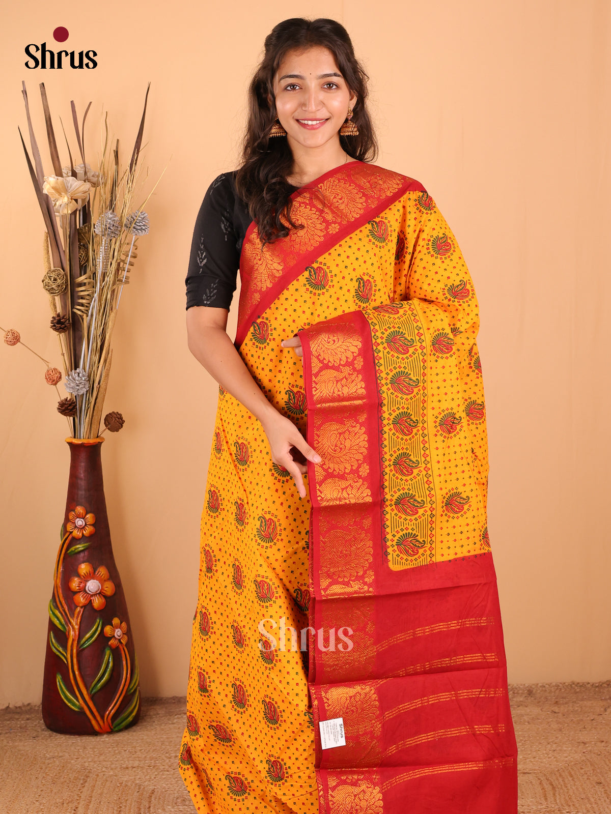 Mustard with Red - DDS15363 - Sungudi Cotton Saree - Shop on Shrus.com
