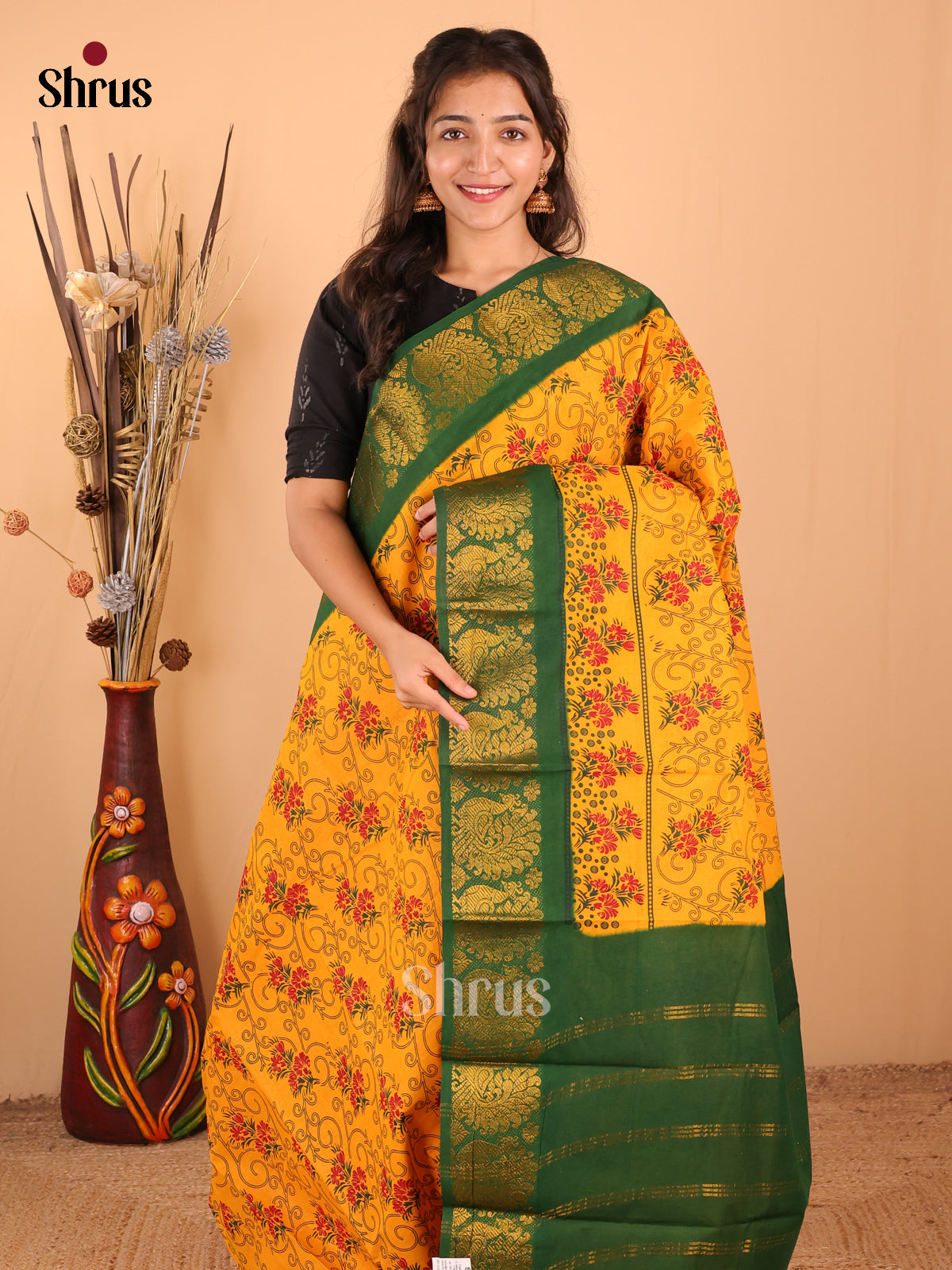 Mustard with Green - DDS15365 - Sungudi Cotton Saree - Shop on Shrus.com