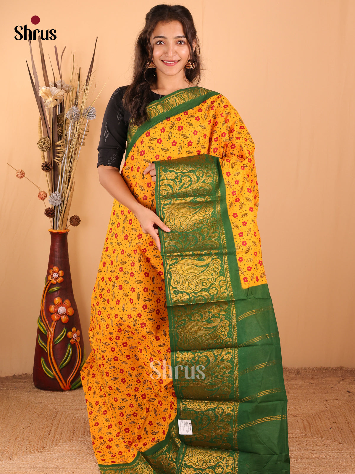 Mustard with Green - DDS15367 - Sungudi Cotton Saree - Shop on Shrus.com