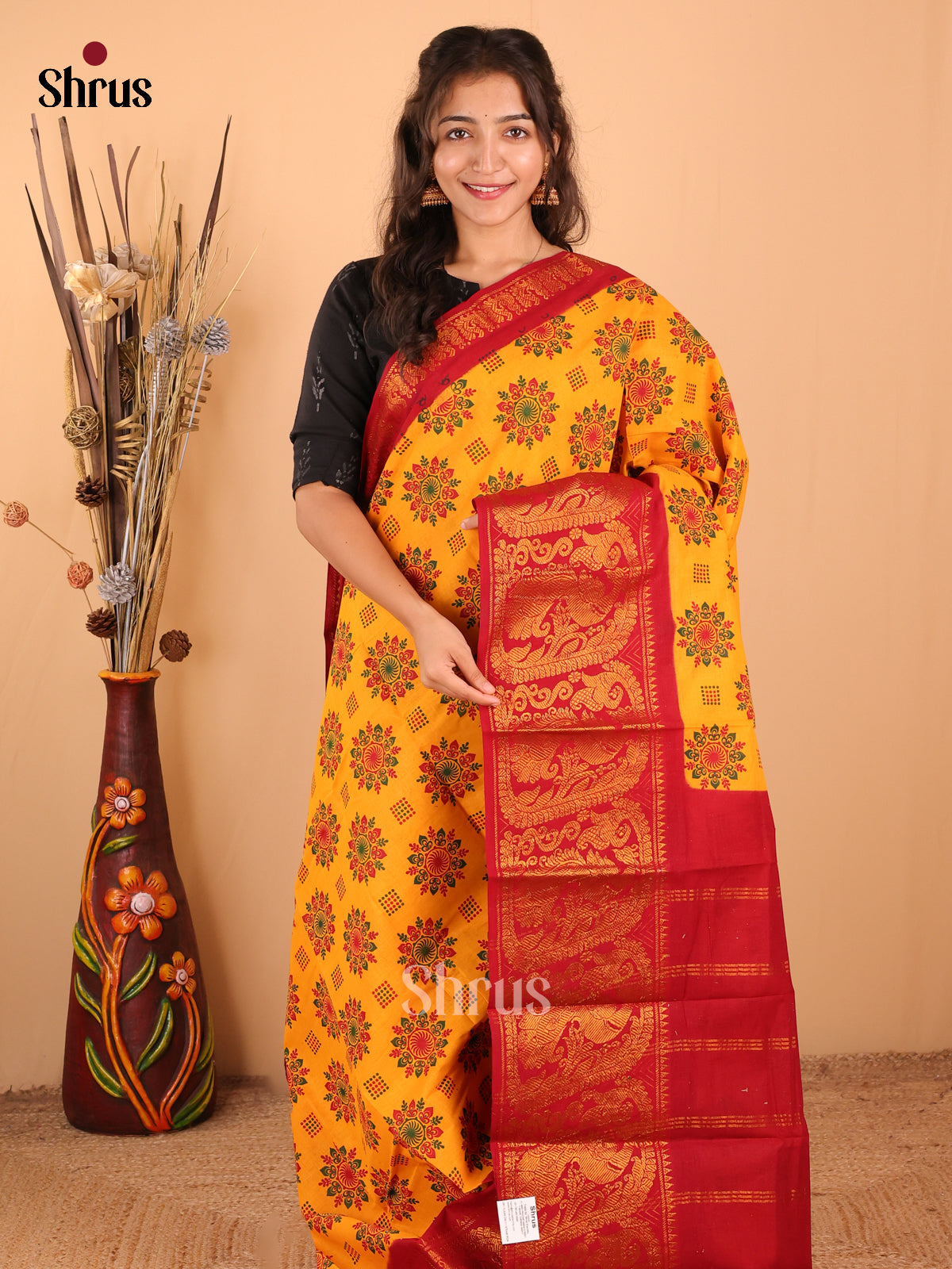 Yellow with Red - DDS15370 - Sungudi Cotton Saree - Shop on Shrus.com