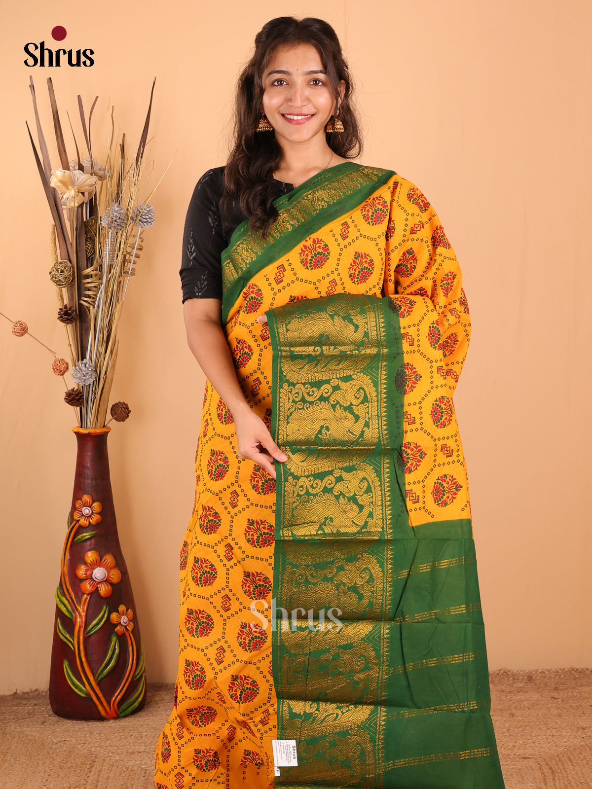 Yellow With Green - DDS15371 - Sungudi Cotton Saree - Shop on Shrus.com