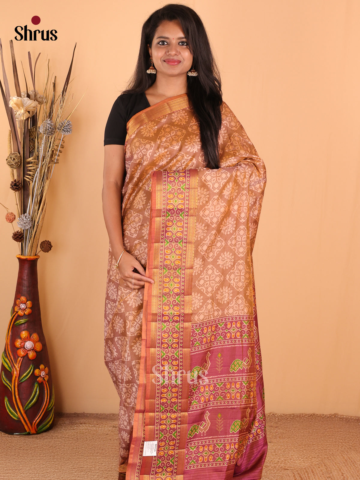 Brown with Purple - DDS16004 - Semi Patola Saree - Shop on Shrus.com
