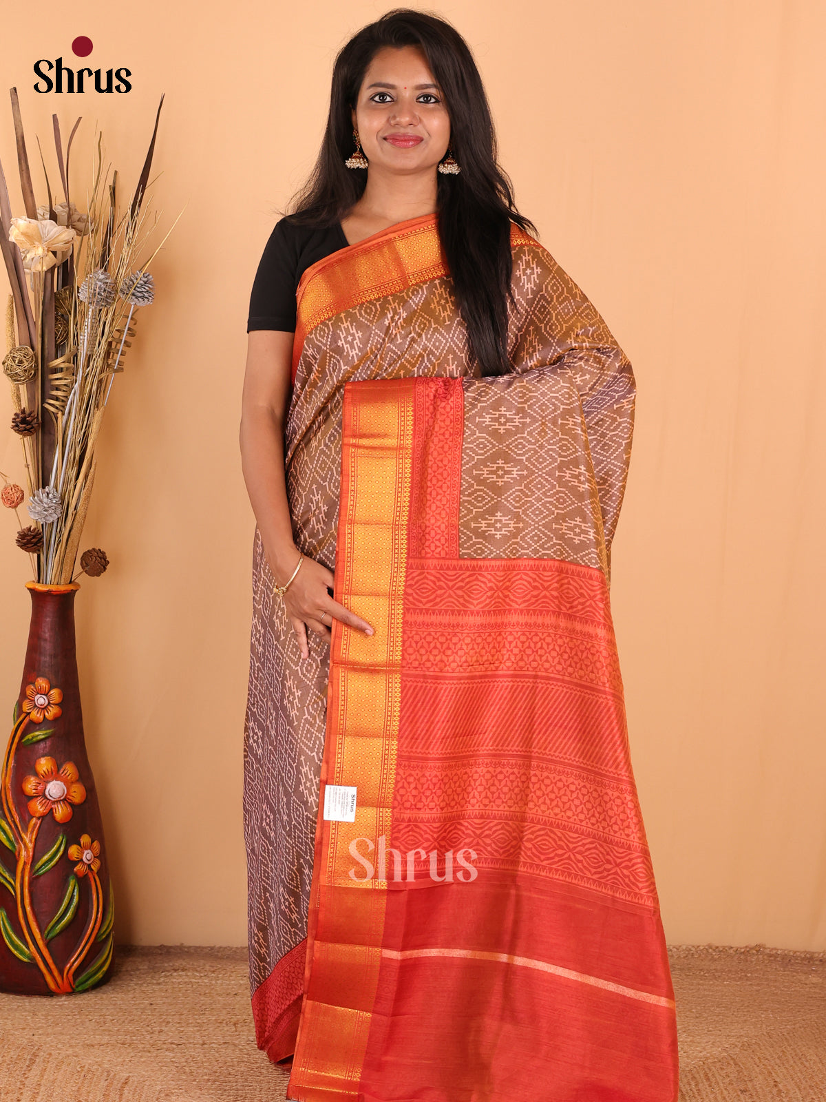 Brown with Orange - DDS16005 - Semi Patola Saree - Shop on Shrus.com
