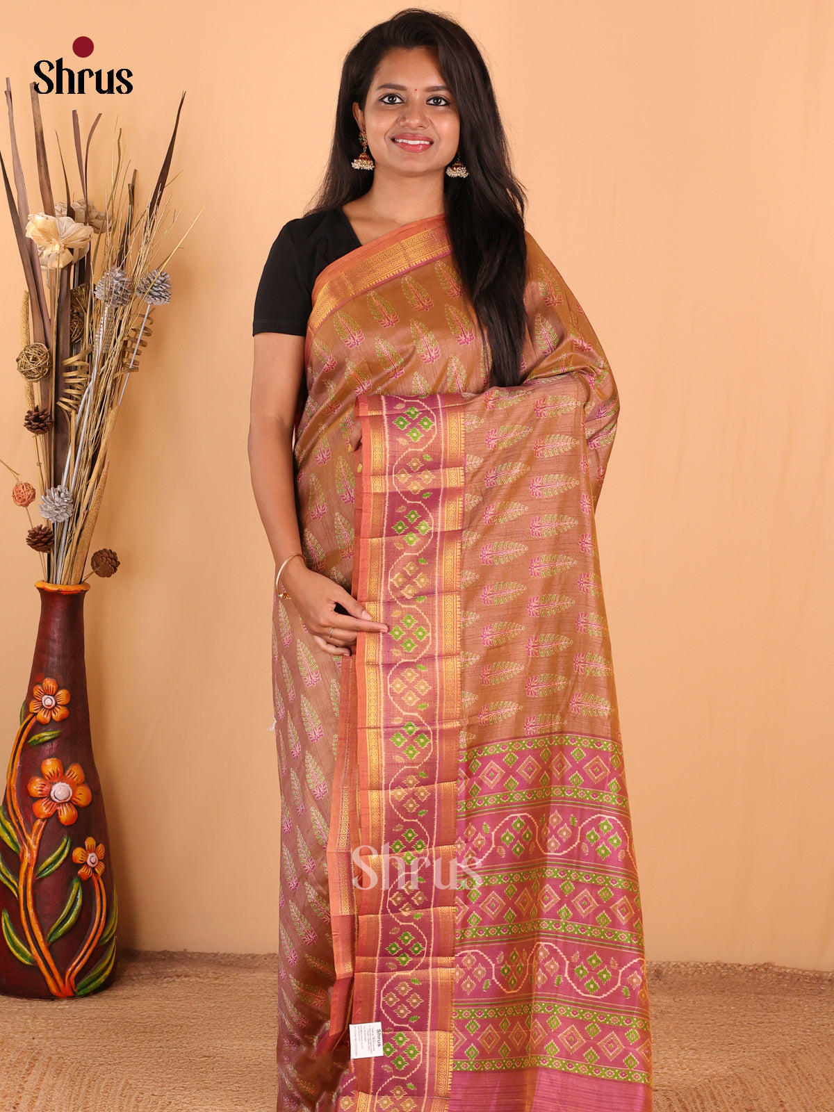 brown with Pink - DDS16012 - Semi Patola Saree - Shop on Shrus.com