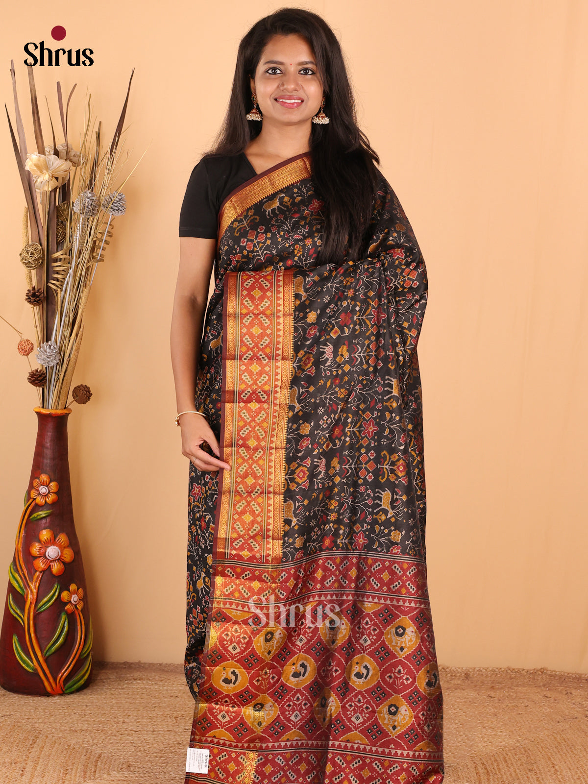 Black with Maroon - DDS16013 - Semi Patola Saree - Shop on Shrus.com