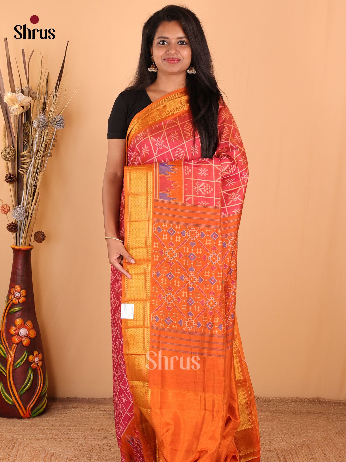 Pink with Orange - DDS16016 - Semi Patola Saree - Shop on Shrus.com