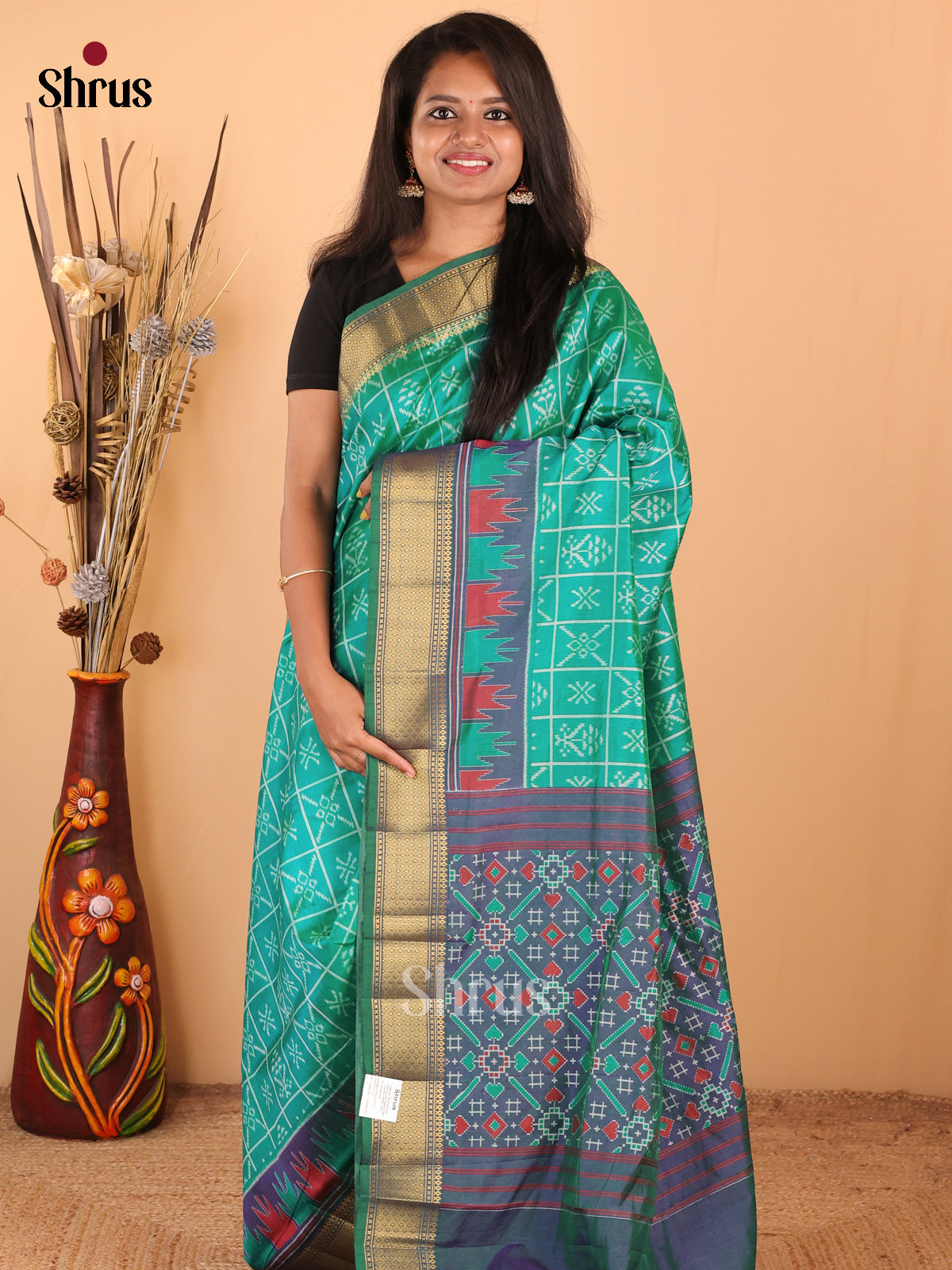 Green with Purple - DDS16017 - Semi Patola Saree - Shop on Shrus.com