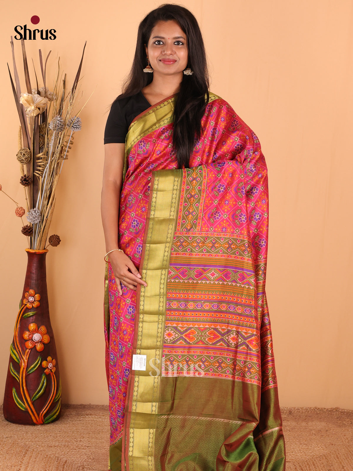Pink with Green - DDS16020 - Semi Patola Saree - Shop on Shrus.com