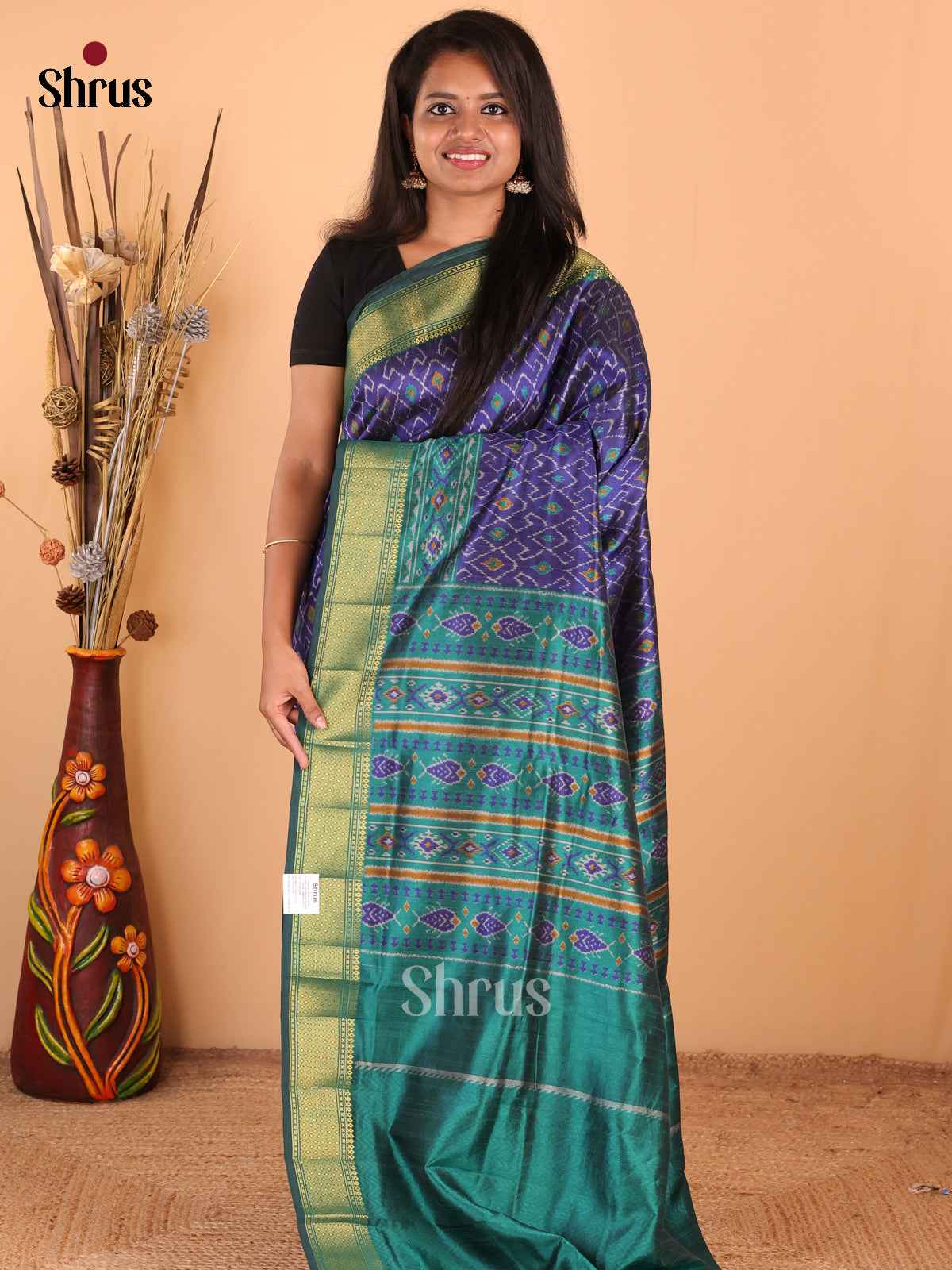 Blue with Green - DDS16021 - Semi Patola Saree - Shop on Shrus.com