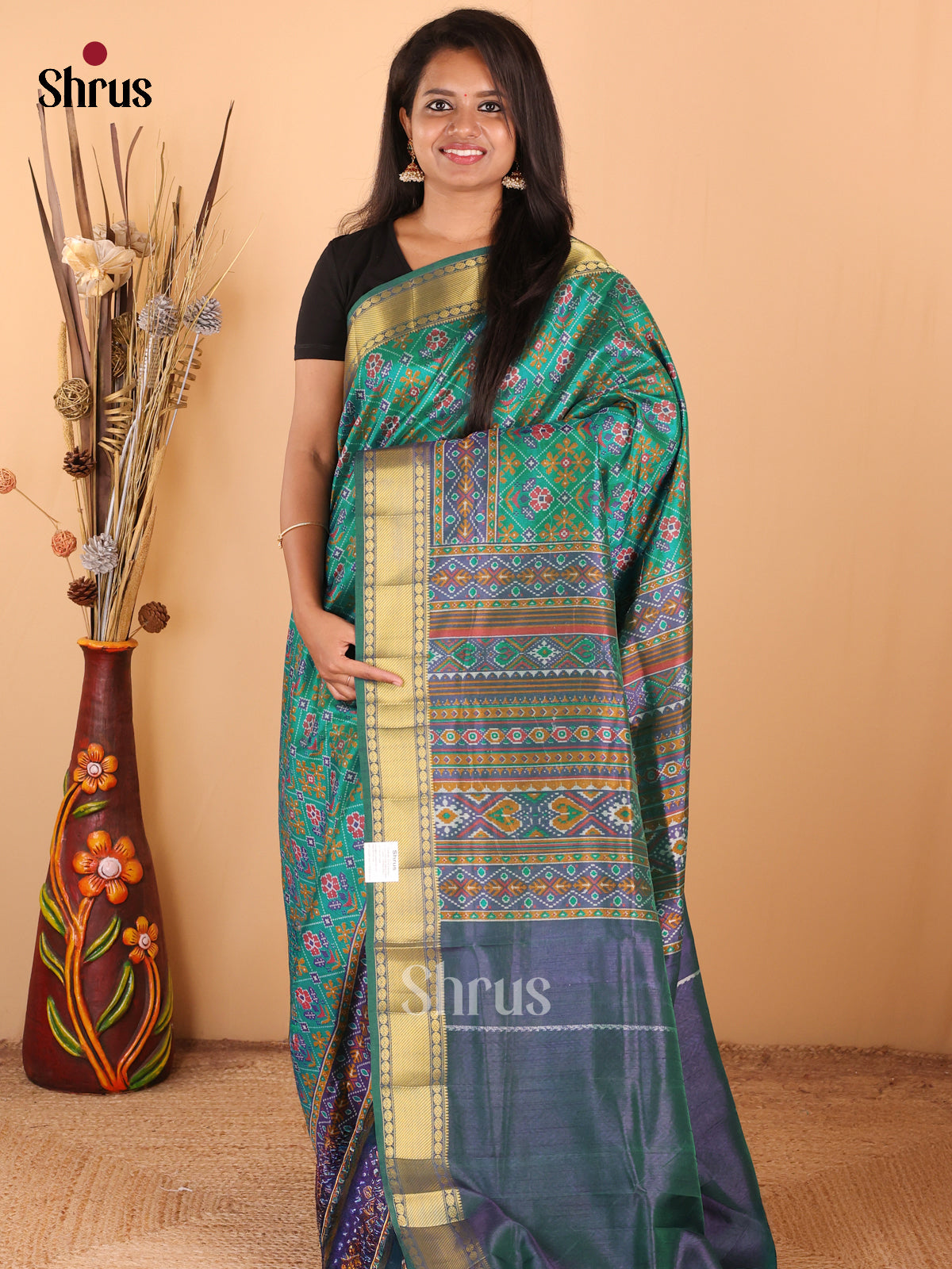 Green with Blue - DDS16022 - Semi Patola Saree - Shop on Shrus.com
