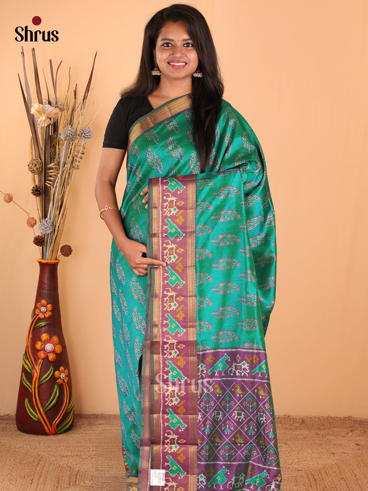 Green with Purple - DDS16026 - Semi Patola Saree - Shop on Shrus.com