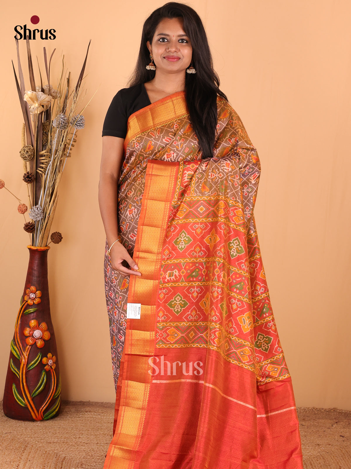 Brown with Orange -DDS16029 - Semi Patola Saree - Shop on Shrus.com