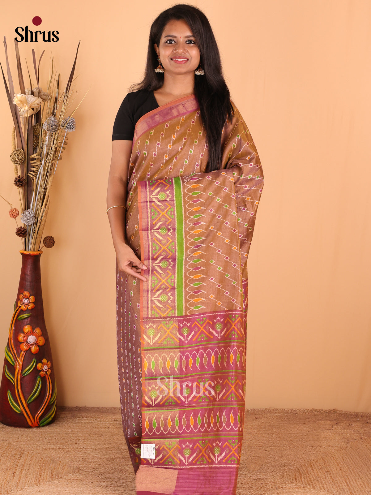 Brown with Purple - DDS16031 - Semi Patola Saree - Shop on Shrus.com