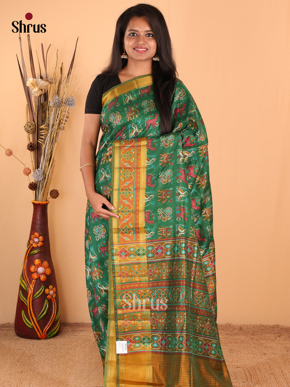 Green with Mustard - DDS16034 - Semi Patola Saree - Shop on Shrus.com