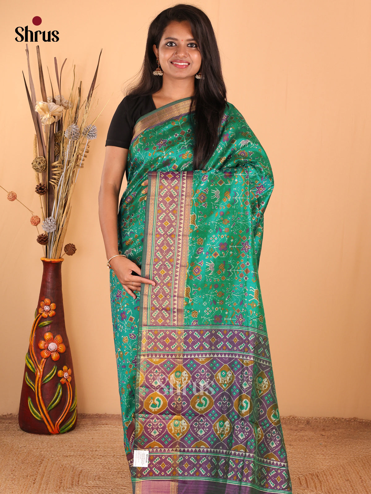 Green with Purple - DDS16035 - Semi Patola Saree - Shop on Shrus.com