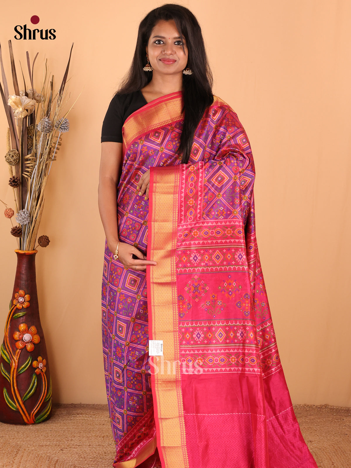 Purple with Pink - DDS16045 - Semi Patola Saree - Shop on Shrus.com