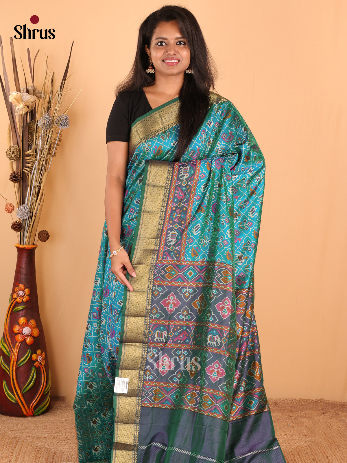 green with Blue - DDS16055 - Semi Patola Saree - Shop on Shrus.com