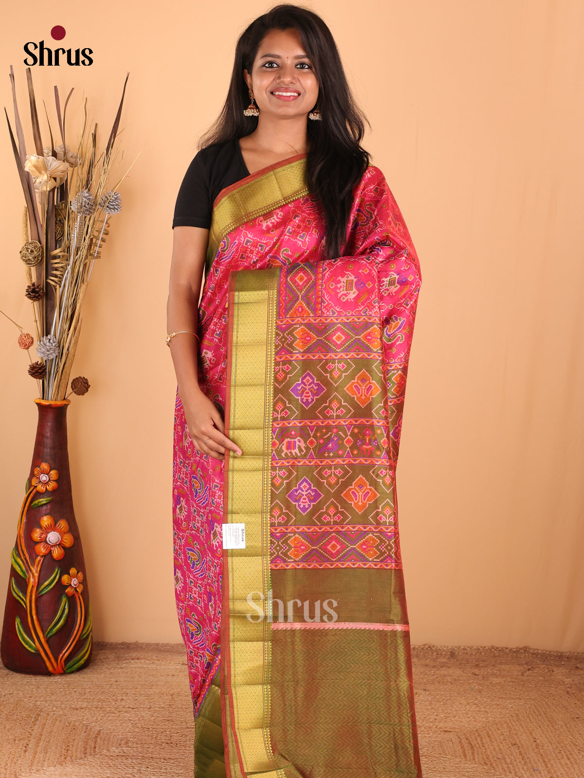 Pink with Green - DDS16058 - Semi Patola Saree - Shop on Shrus.com