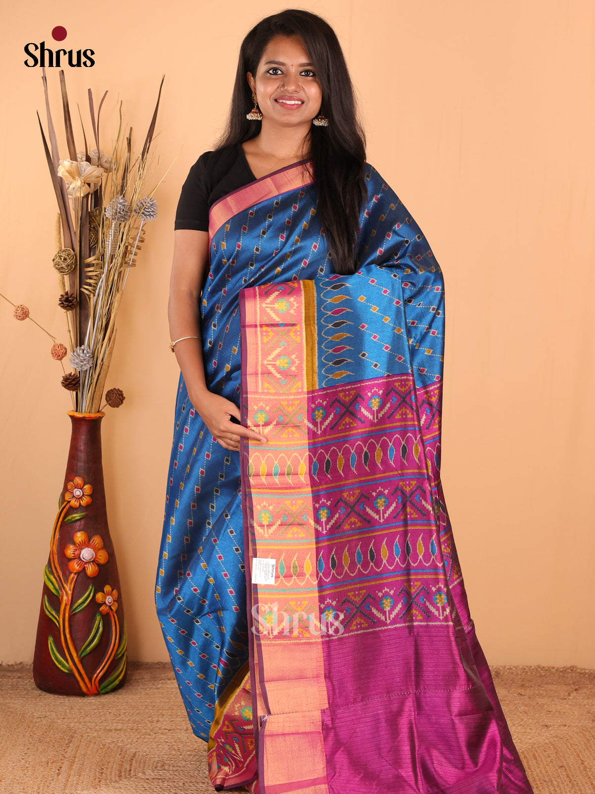 Blue with Pink - DDS16062 - Semi Patola Saree - Shop on Shrus.com