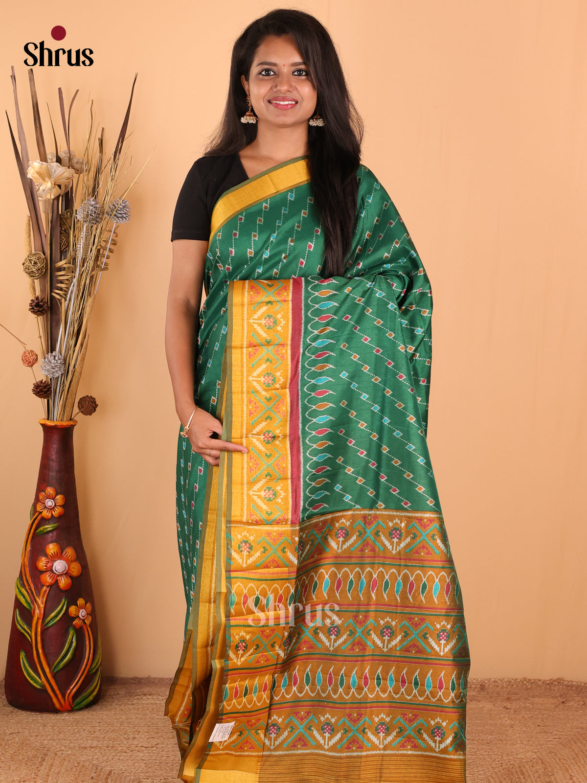 Green with Mustard - DDS16063 - Semi Patola Saree - Shop on Shrus.com