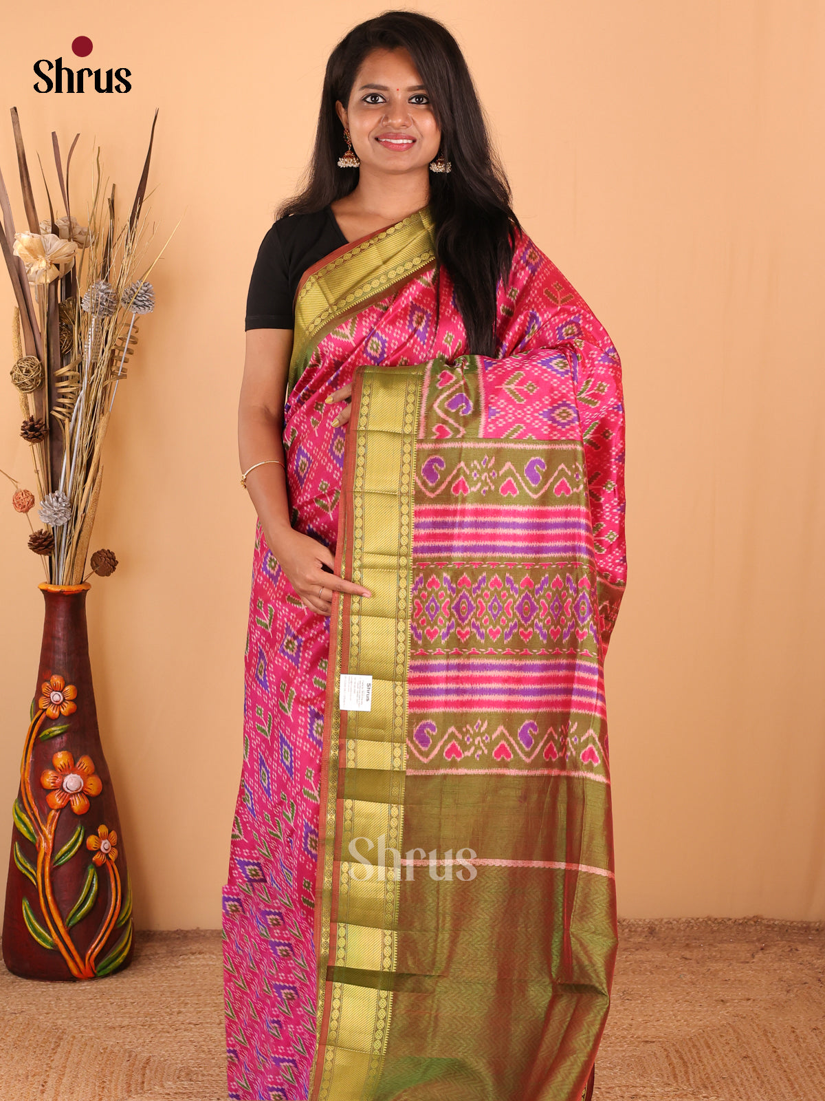 Pink with Green - DDS16064 - Semi Patola Saree - Shop on Shrus.com