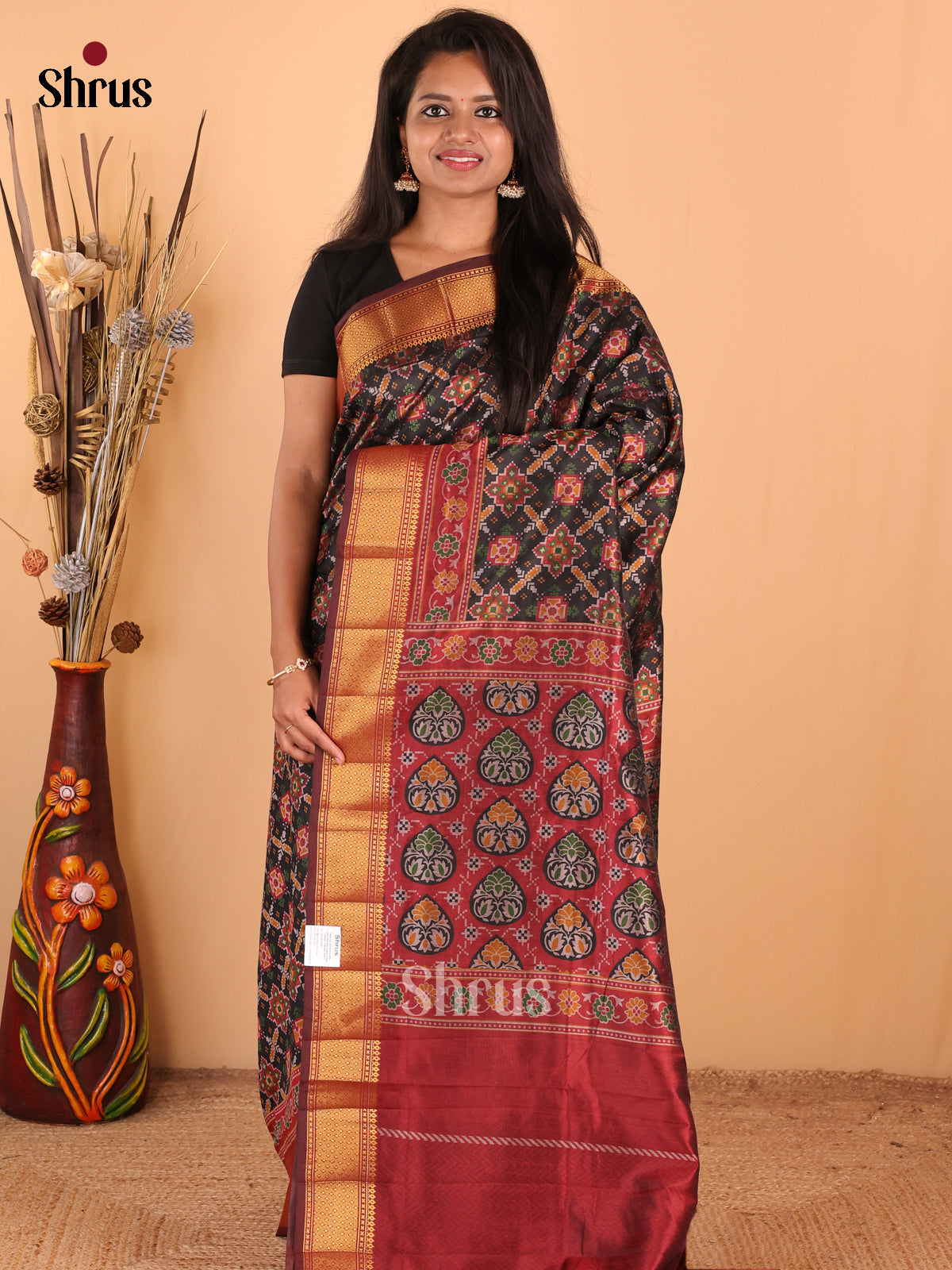 Black with Maroon - DDS16079 - Semi Patola Saree - Shop on Shrus.com