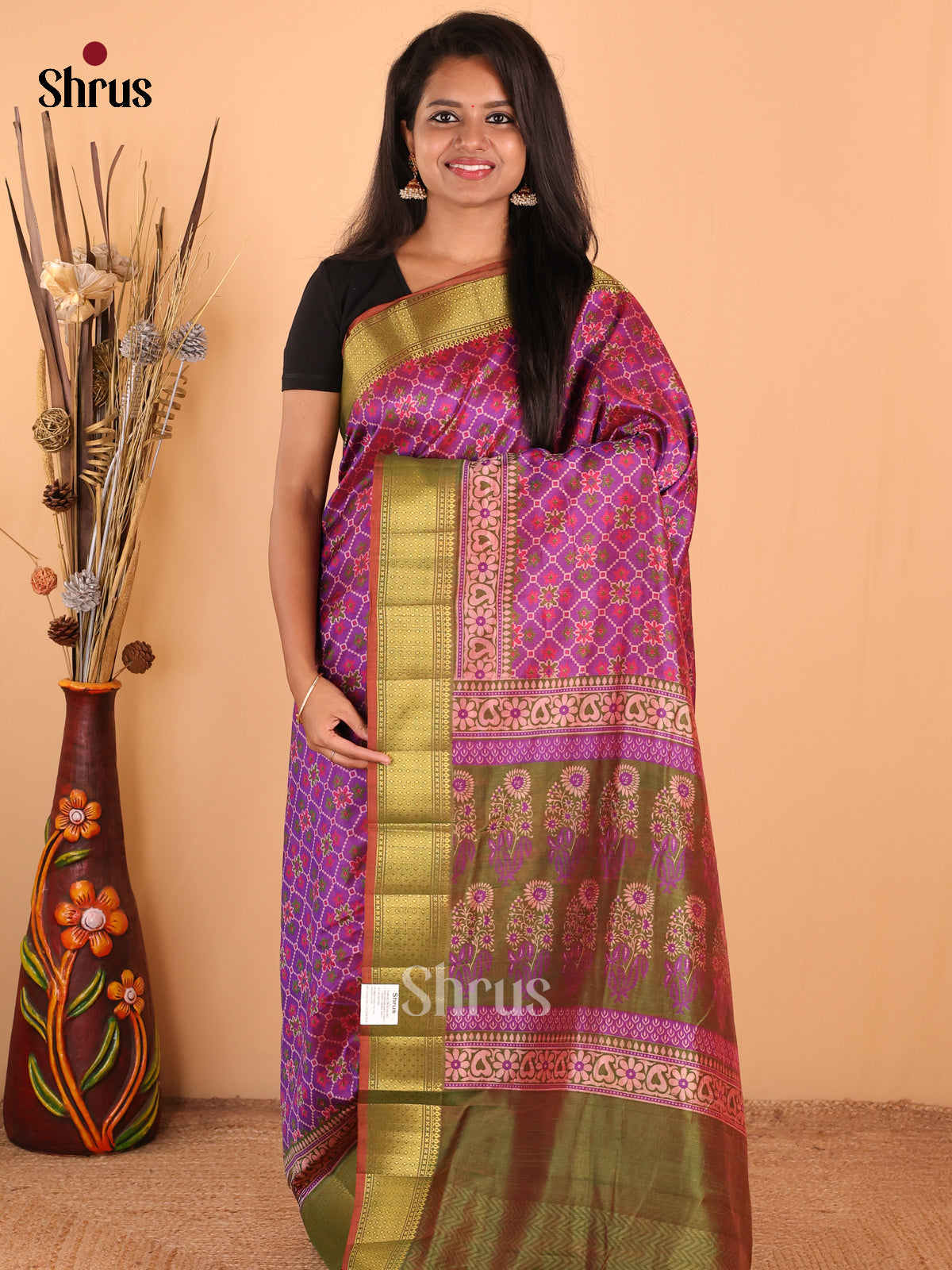 Purple with Green - DDS16085 - Semi Patola Saree - Shop on Shrus.com