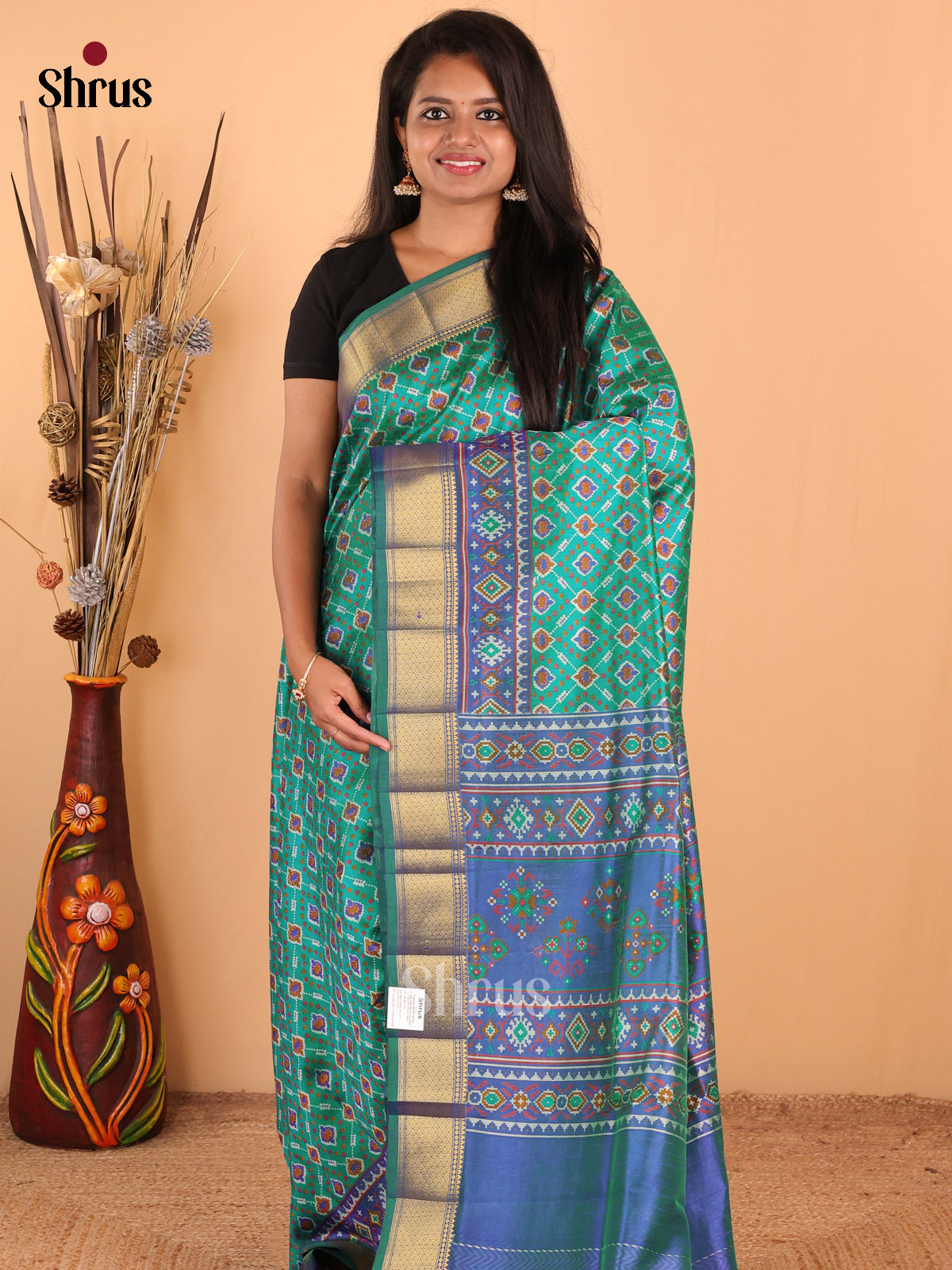 Green with Blue - DDS16088 - Semi Patola Saree - Shop on Shrus.com