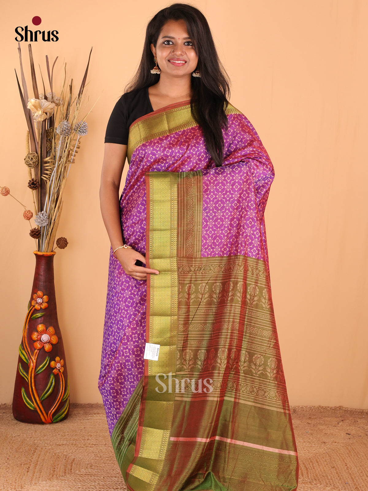 Purple with Green - DDS16089 - Semi Patola Saree - Shop on Shrus.com