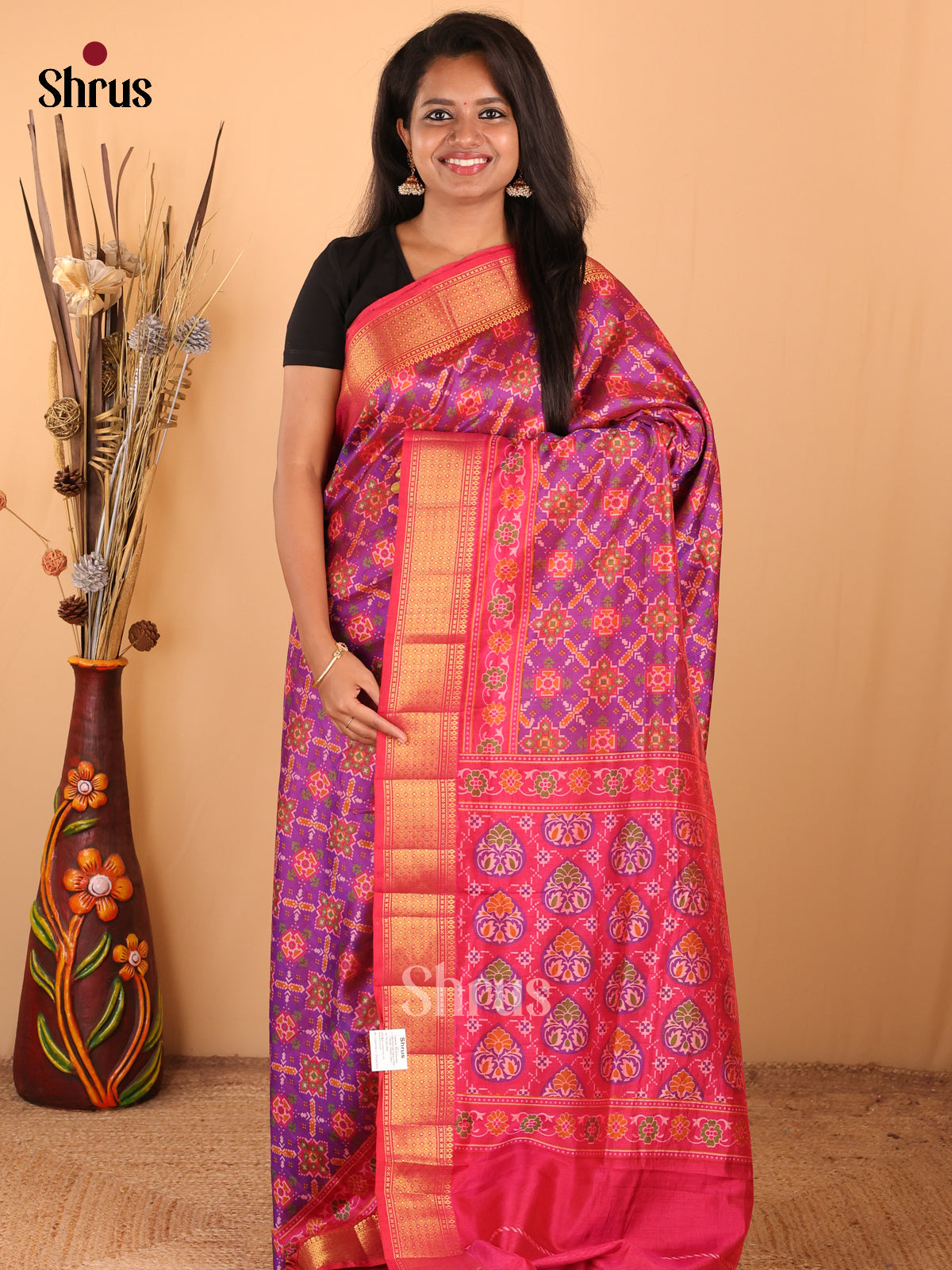 Purple with Pink - DDS16090 - Semi Patola Saree - Shop on Shrus.com