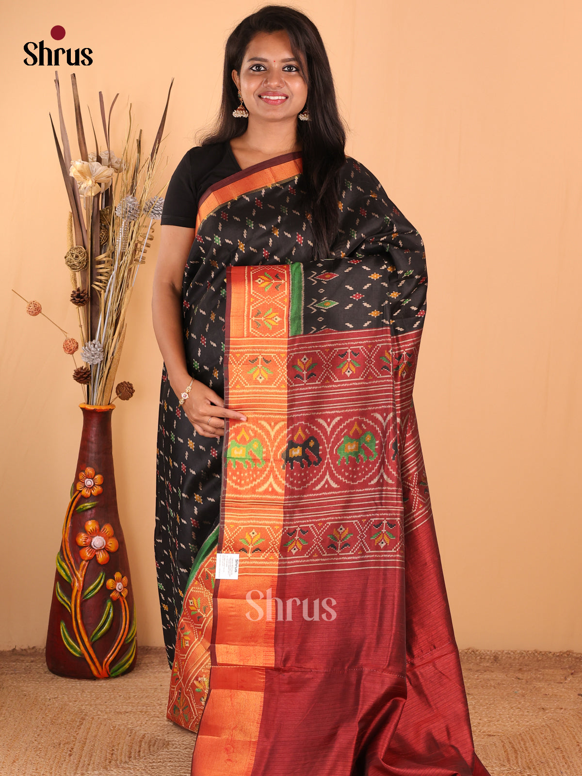 Black with Maroon - DDS16091 - Semi Patola Saree - Shop on Shrus.com