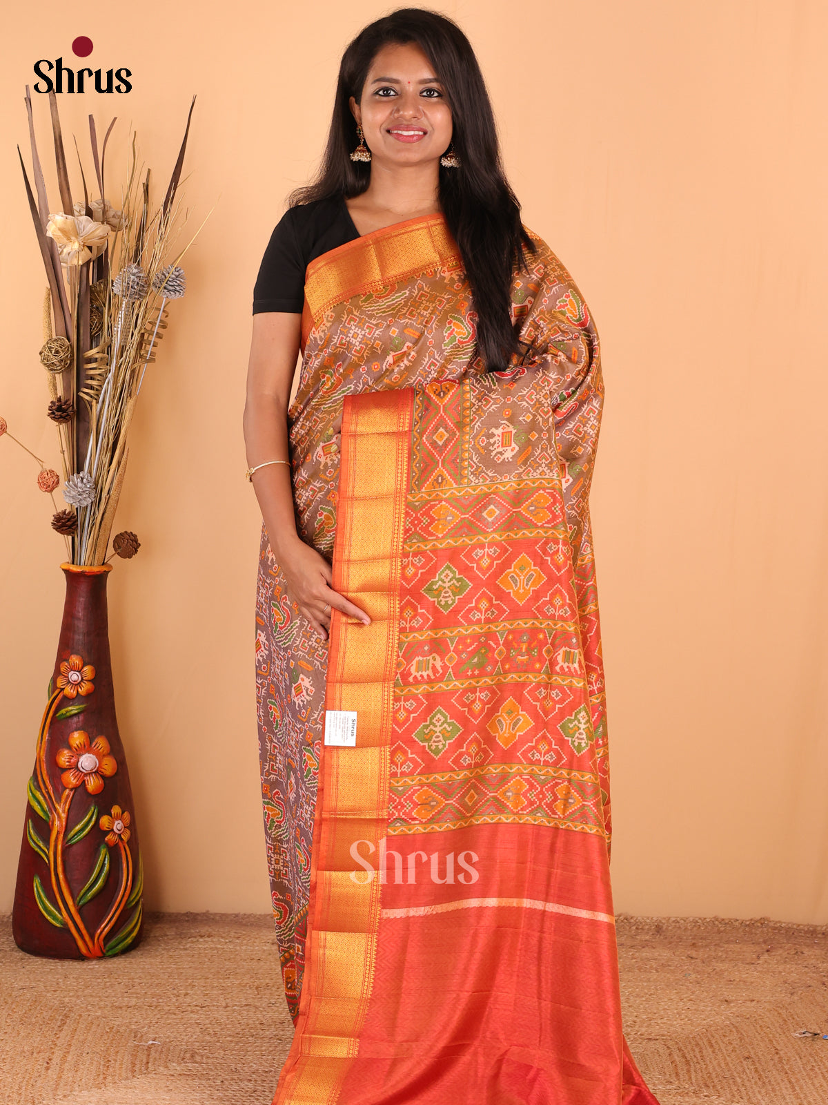 Brown with Orange - DDS16093 - Semi Patola Saree - Shop on Shrus.com