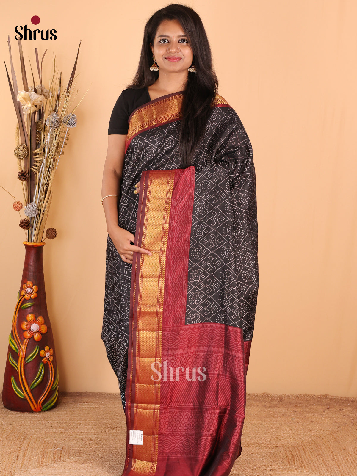 Black with Maroon - DDS16097 - Semi Patola Saree - Shop on Shrus.com