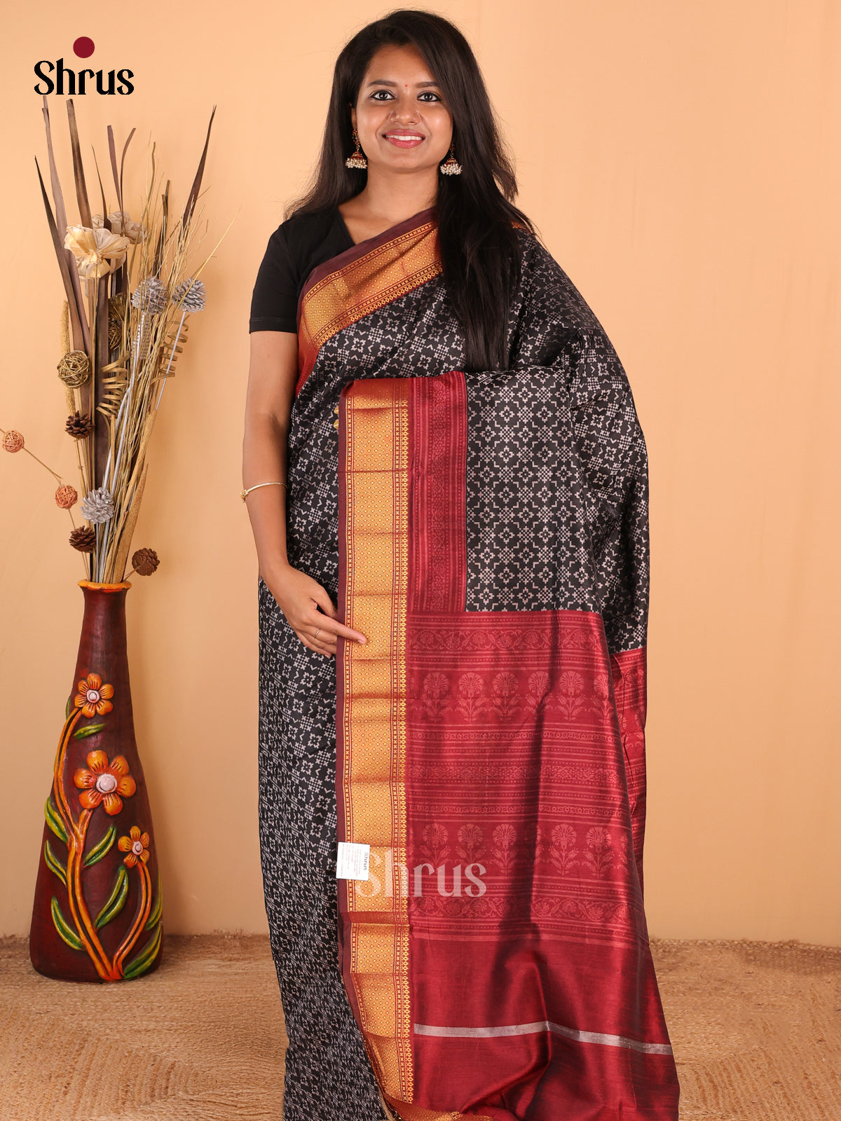 Black with Maroon -DDS16100 - Semi Patola Saree - Shop on Shrus.com