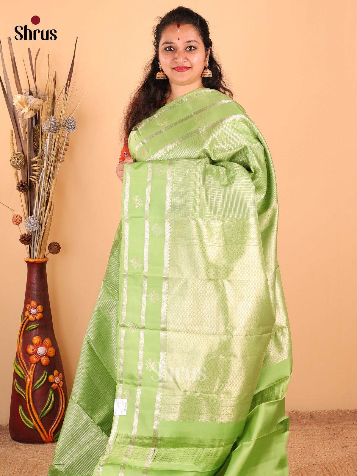 Charming Pista Green monochrome Kanchipuram silk Saree zari stripes , brocade pallu - Shop on Shrus.com