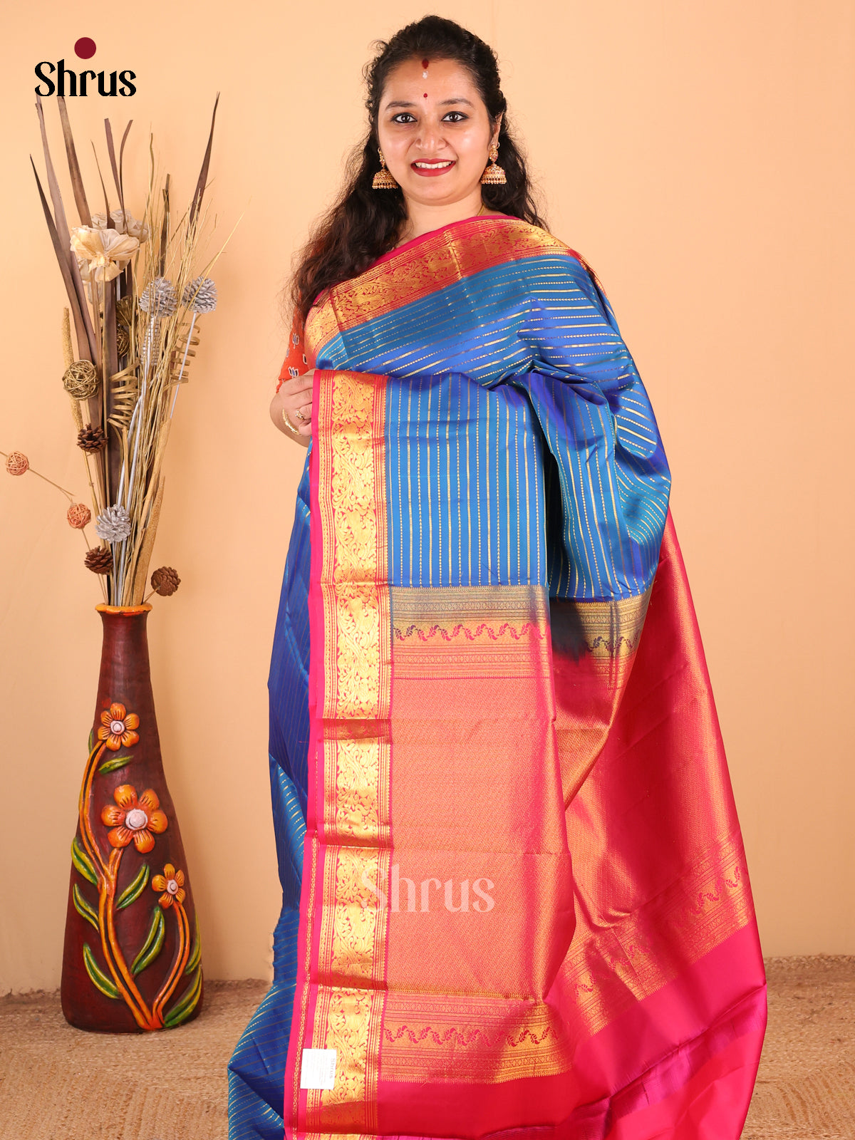 Beautiful Blue Kanchipuram silk Saree with zari stripes & brocade pallu-1