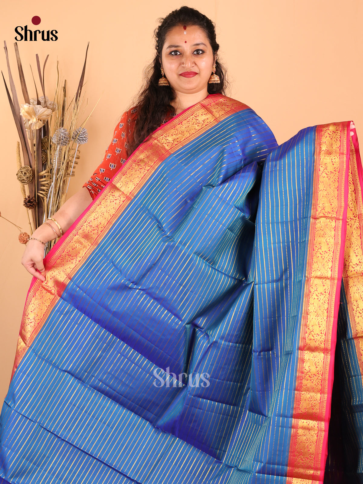 Beautiful Blue Kanchipuram silk Saree with zari stripes & brocade pallu-2