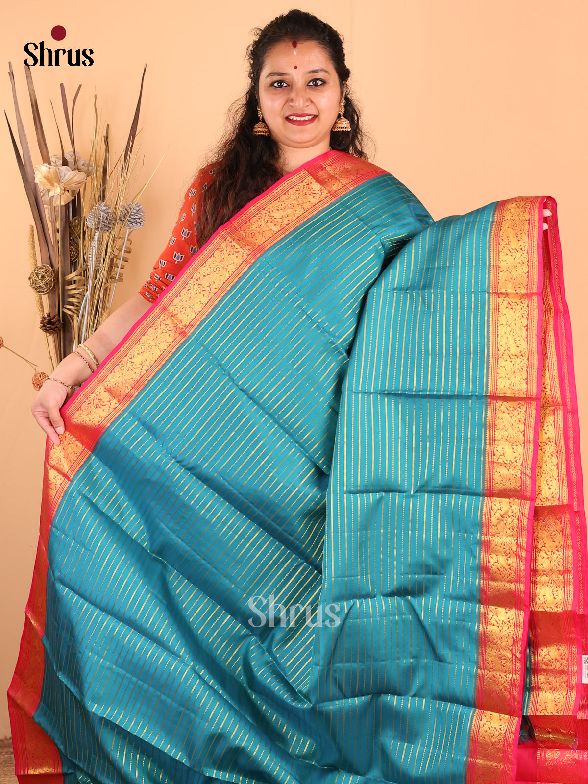 Stunning Teal Kanchipuram Silk Saree with Zari Woven Pink Border & Pallu-2