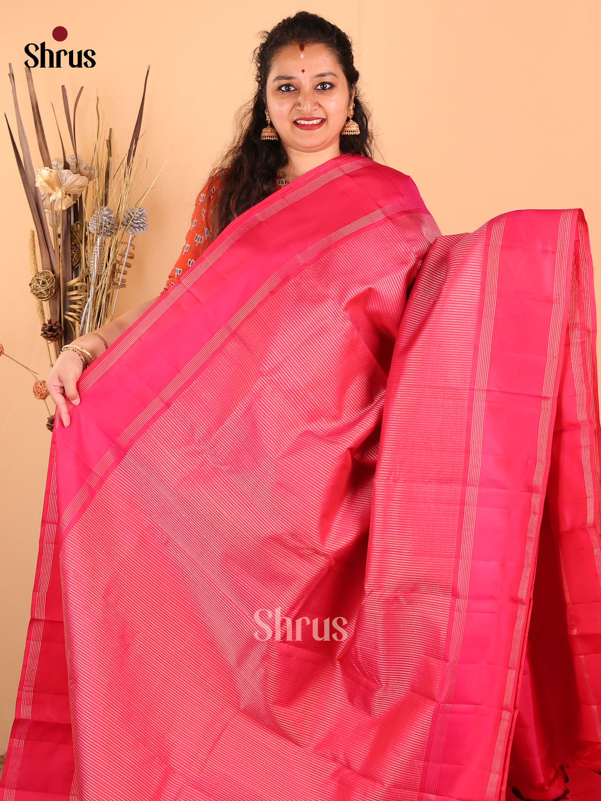 Radiant Pink Kanchipuram Silk Saree with Vaira Oosi Stripes, Rettapet Border & Brocade Pallu - Shop on Shrus.com