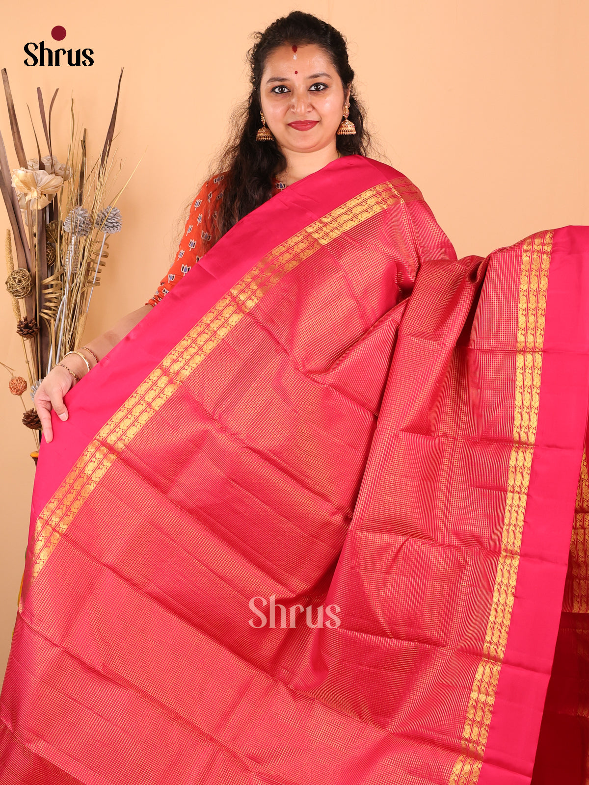 Bright Red monochrome Kanchipuram silk Saree with zari checks & brocade pallu - Shop on Shrus.com