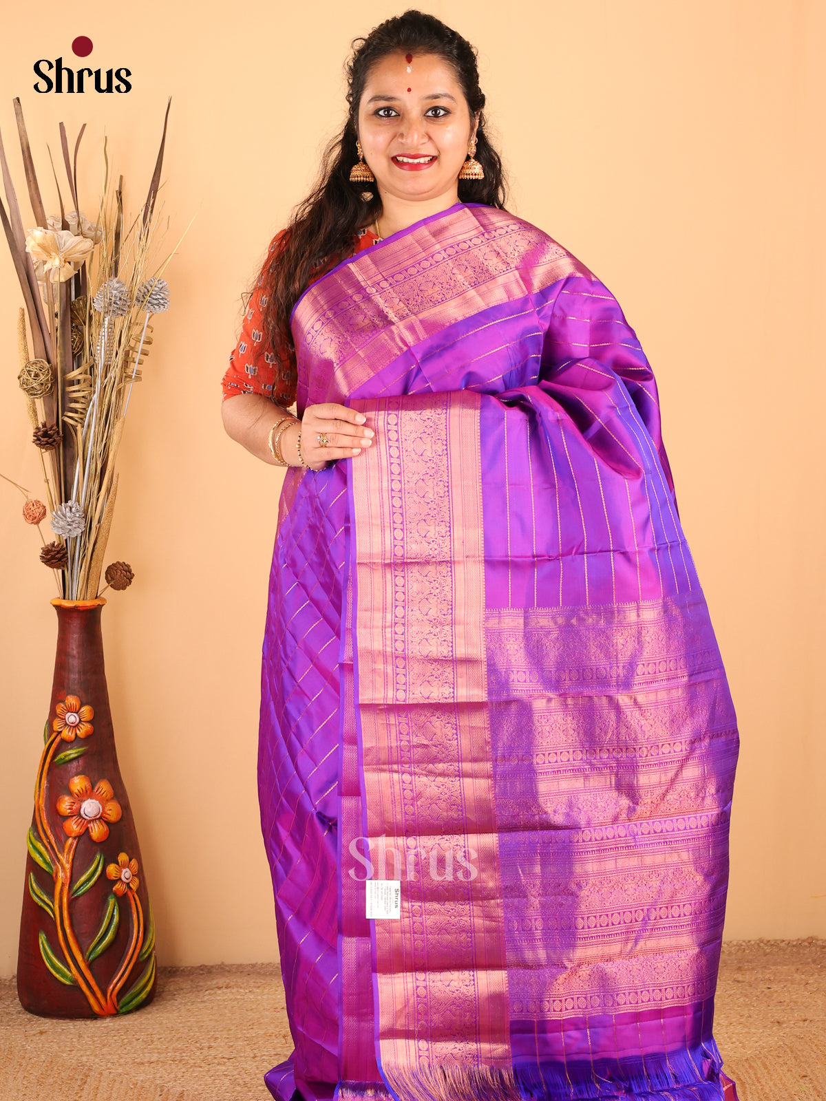 Charming Purple Monochrome Kanchipuram silk Saree with zari stripes & brocade pallu - Shop on Shrus.com