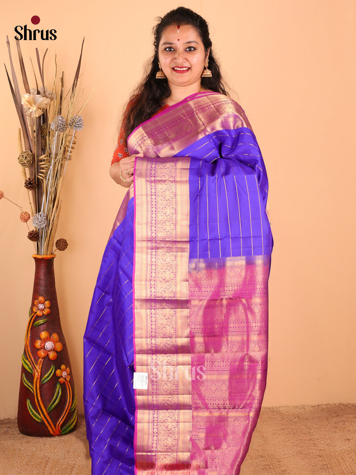 Majestic Blue & Majenta Kanchipuram silk Saree with zari stripes , peacock brocade - Shop on Shrus.com
