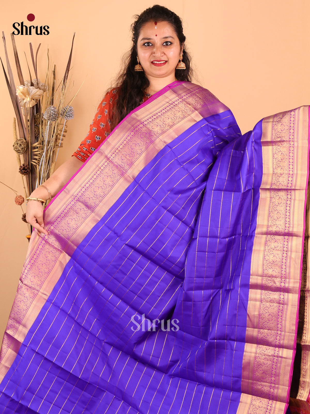 Majestic Blue & Majenta Kanchipuram silk Saree with zari stripes , peacock brocade - Shop on Shrus.com