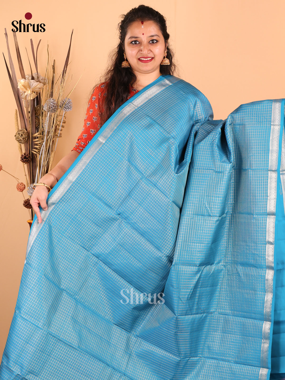 Elegant Blue Kanchipuram silk Saree with zari checks, thin border & Brocade Pallu-2